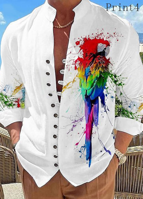 White Print Button Cotton Shirt Stand Collar Fall