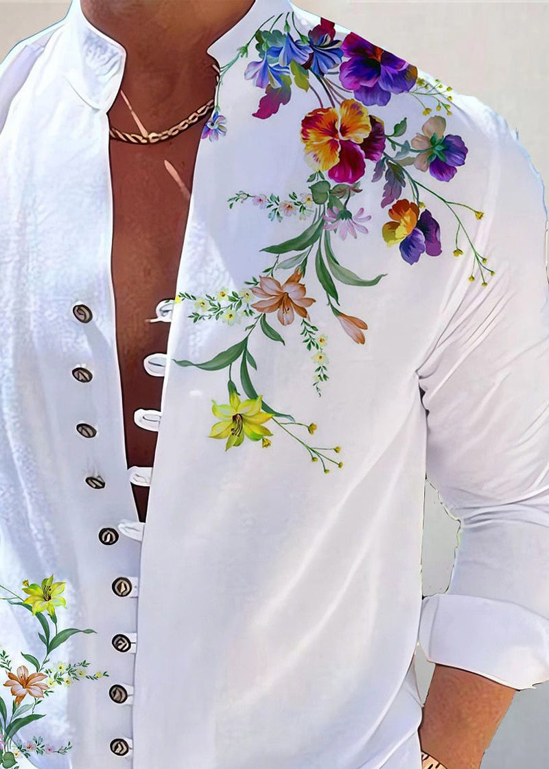 White Print Button Cotton Shirt Stand Collar Fall