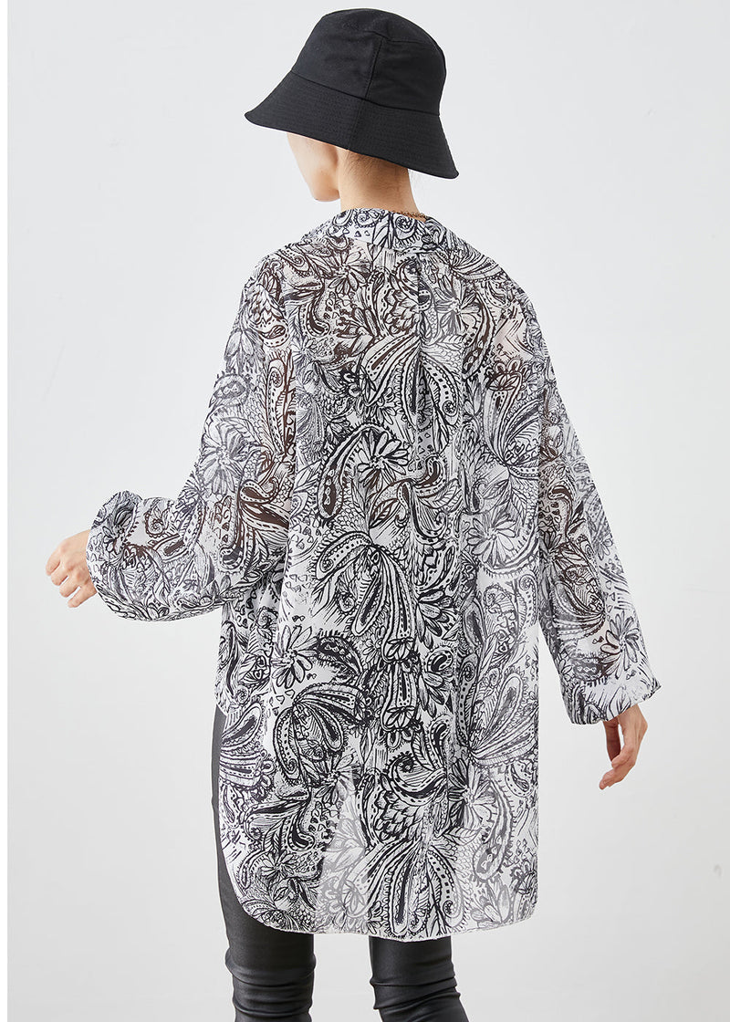 White Print Chiffon Upf 50+ Shirt Top Oversized Side Open Fall