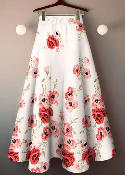 White Print Cotton Skirts Elastic Waist Summer