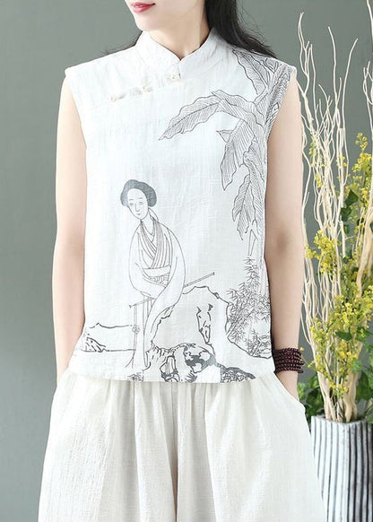 White Print Linen Shirt Top Mandarin Collar Sleeveless
