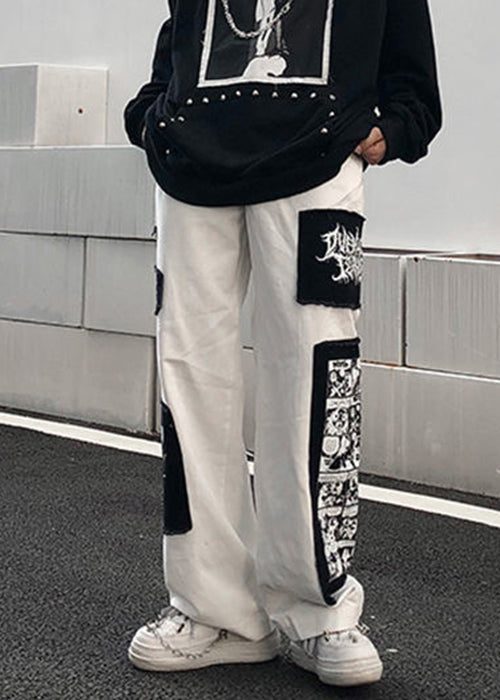 White Print Patchwork Cotton Pants Elastic Waist