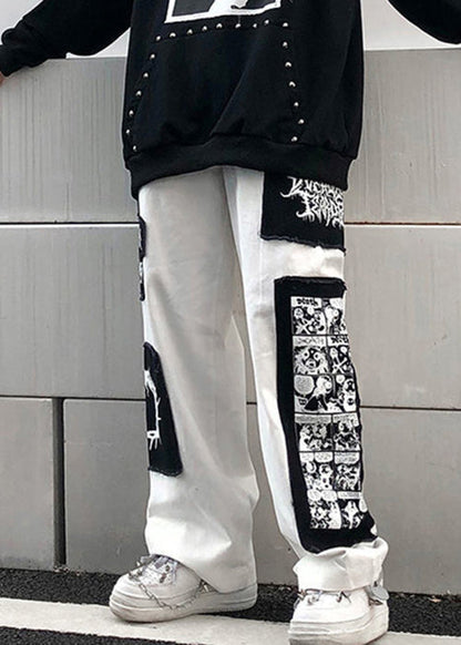 White Print Patchwork Cotton Pants Elastic Waist