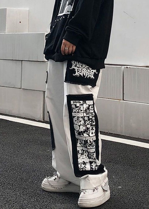 White Print Patchwork Cotton Pants Elastic Waist