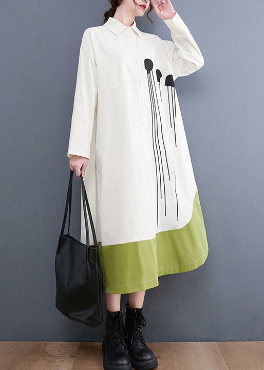 White Print Pocket Shirt Long Dresses Asymmetrical Design Long Sleeve