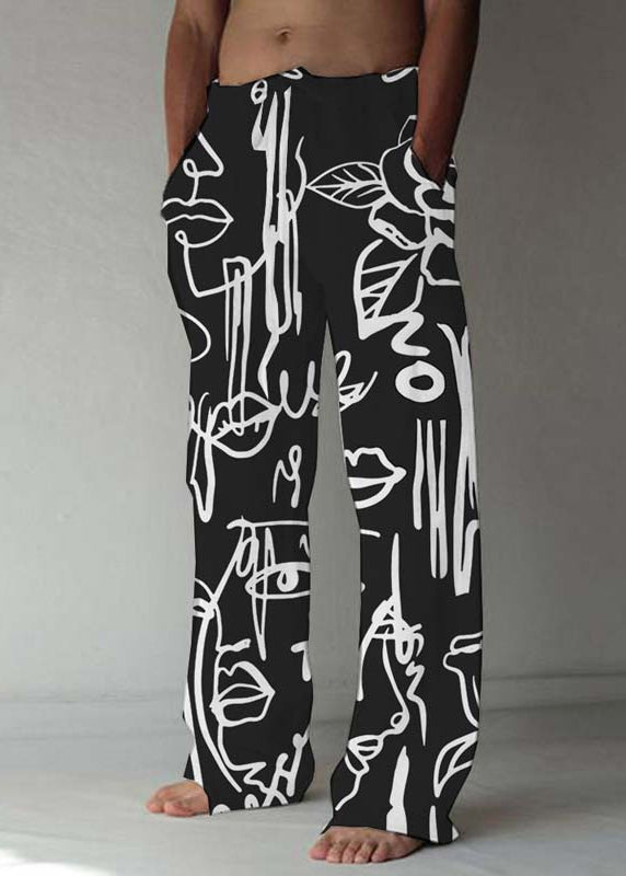 White Print Pockets Cotton Pants Elastic Waist Summer