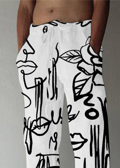 White Print Pockets Cotton Pants Elastic Waist Summer