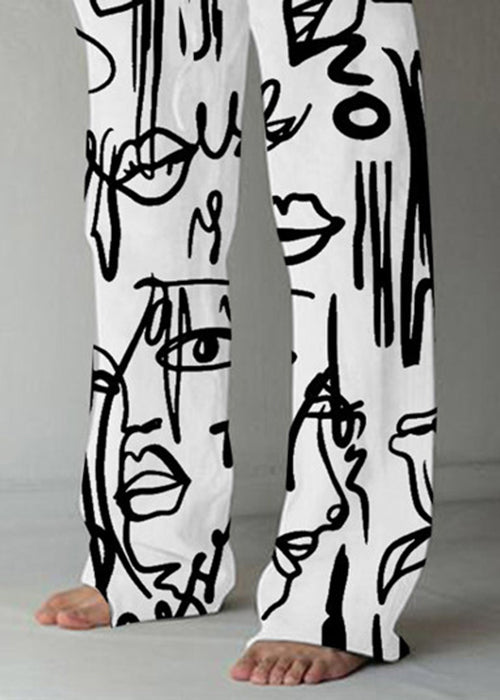 White Print Pockets Cotton Pants Elastic Waist Summer