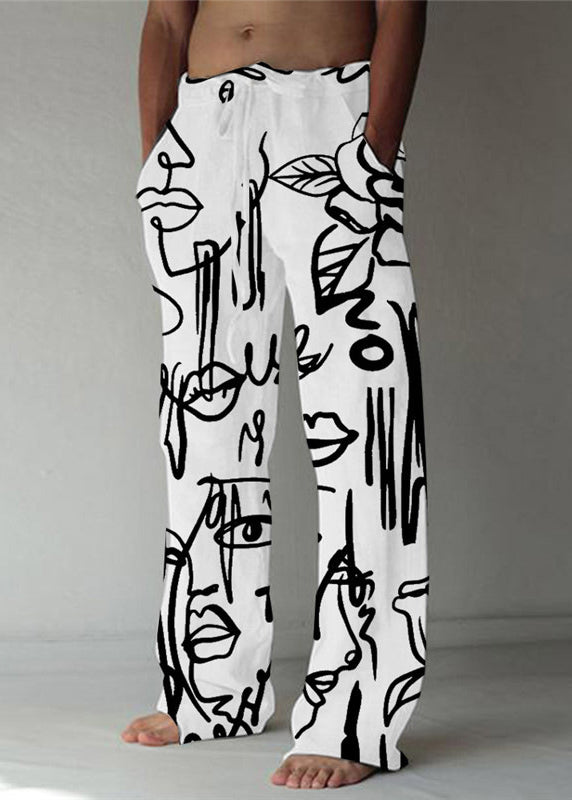 White Print Pockets Cotton Pants Elastic Waist Summer