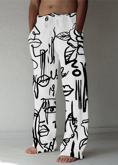 White Print Pockets Cotton Pants Elastic Waist Summer