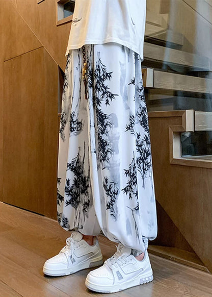 White Print Pockets Ice Silk Crop Pants Elastic Waist