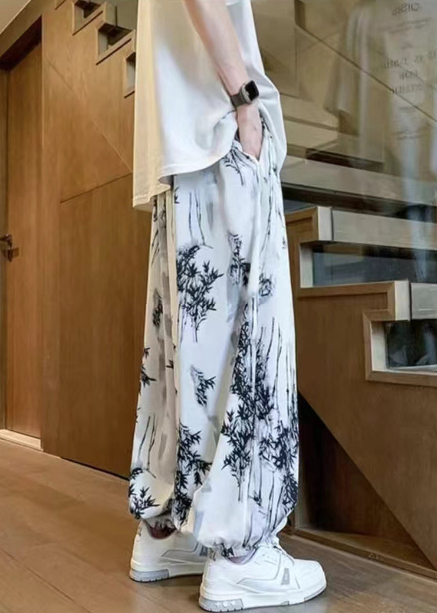 White Print Pockets Ice Silk Crop Pants Elastic Waist