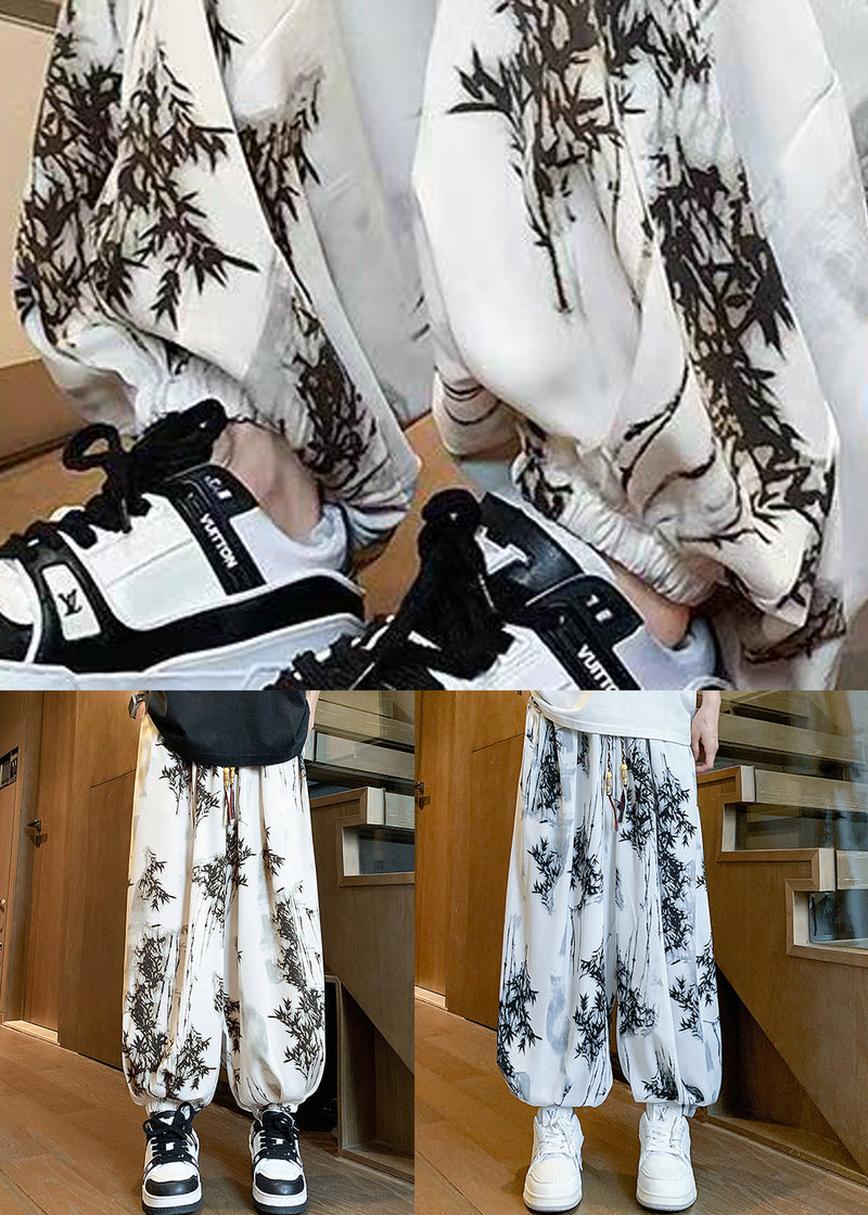 White Print Pockets Ice Silk Crop Pants Elastic Waist