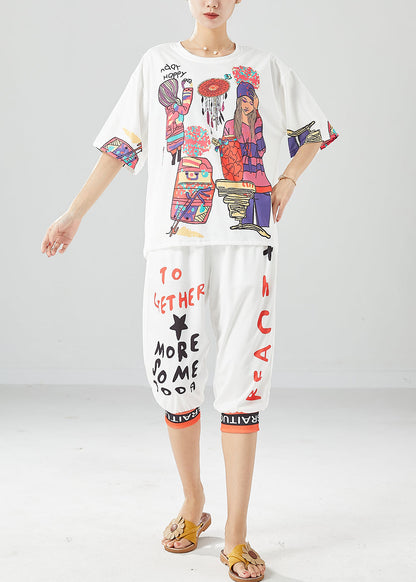 White Print Silk Tops and Pants Two Pieces Set Oversized Summer