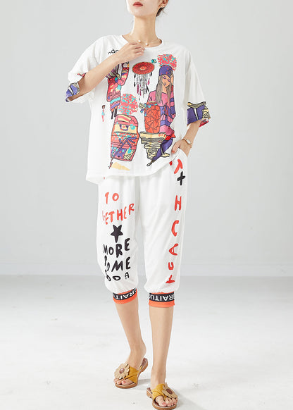 White Print Silk Tops and Pants Two Pieces Set Oversized Summer