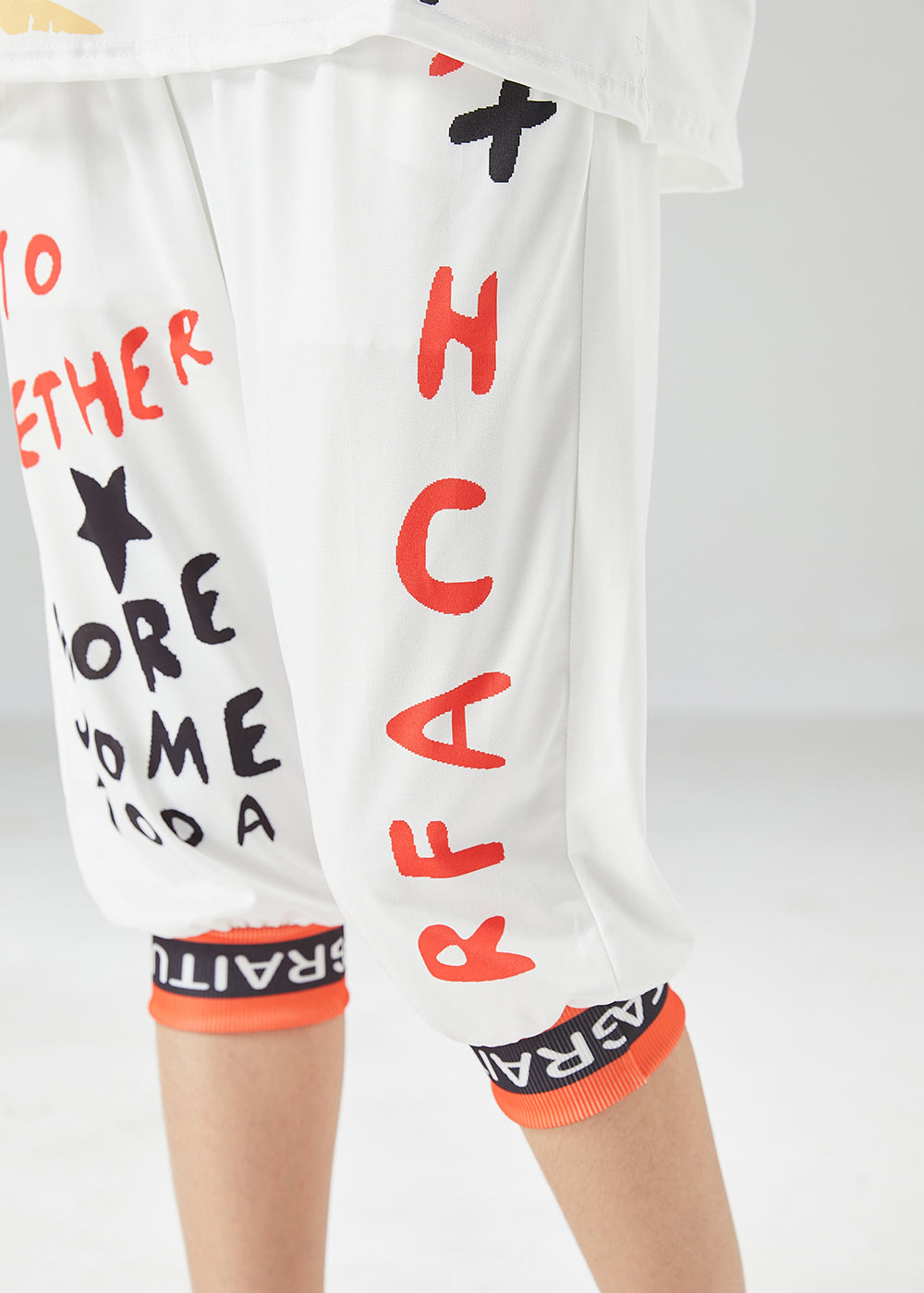 White Print Silk Tops and Pants Two Pieces Set Oversized Summer