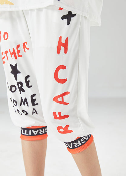 White Print Silk Tops and Pants Two Pieces Set Oversized Summer
