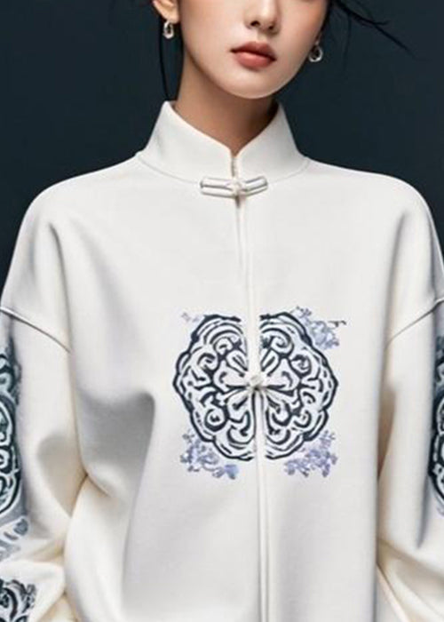 White Print Cotton Pullover Sweatshirt Stand Collar Fall