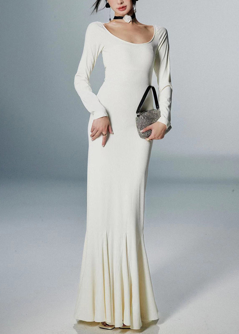 White Cotton Fall Fishtail Dresses O Neck