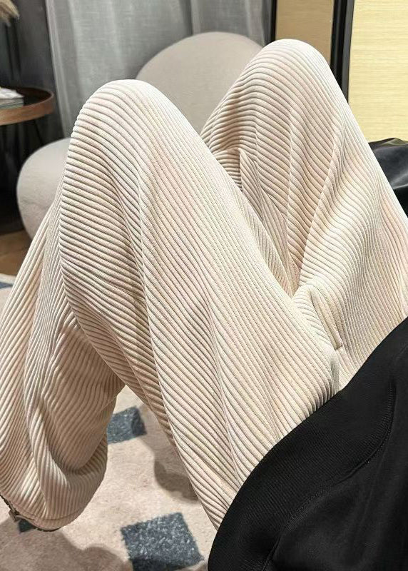 White Loose Warm Fleece Corduroy Pants Elastic Waist Spring