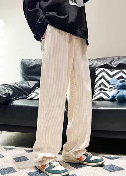 White Loose Warm Fleece Corduroy Pants Elastic Waist Spring