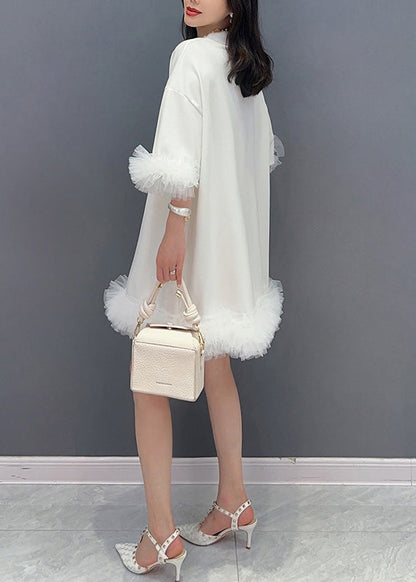 White Stand Collar Button Mid Dress Half Sleeve