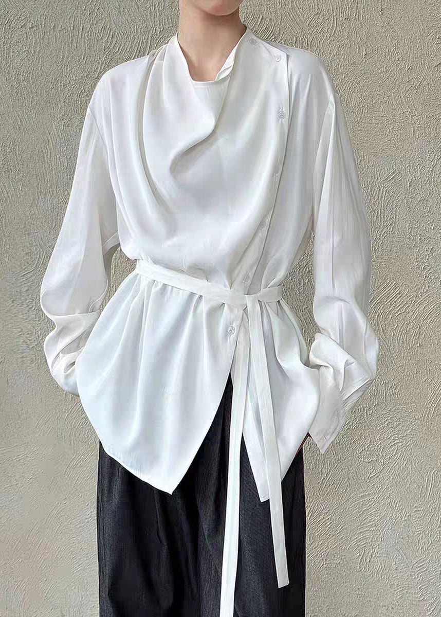 White Stand Collar Button Solid Shirts Lantern Sleeve