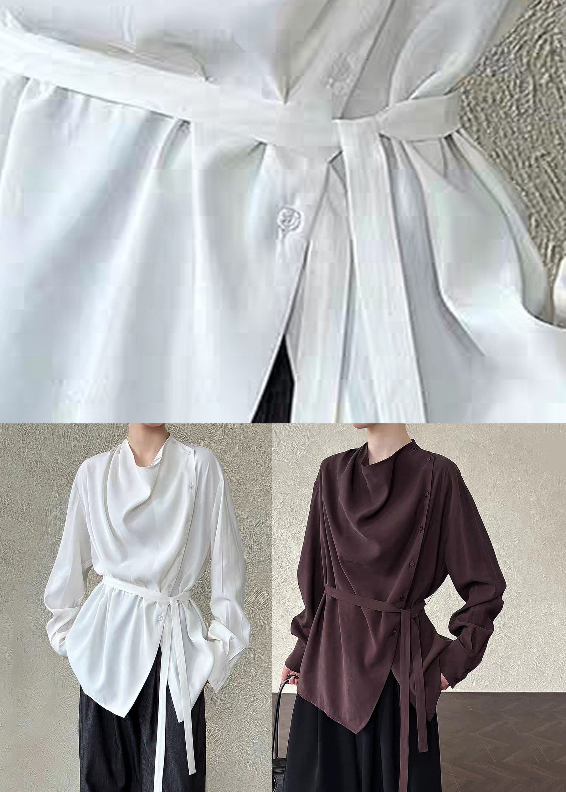 White Stand Collar Button Solid Shirts Lantern Sleeve