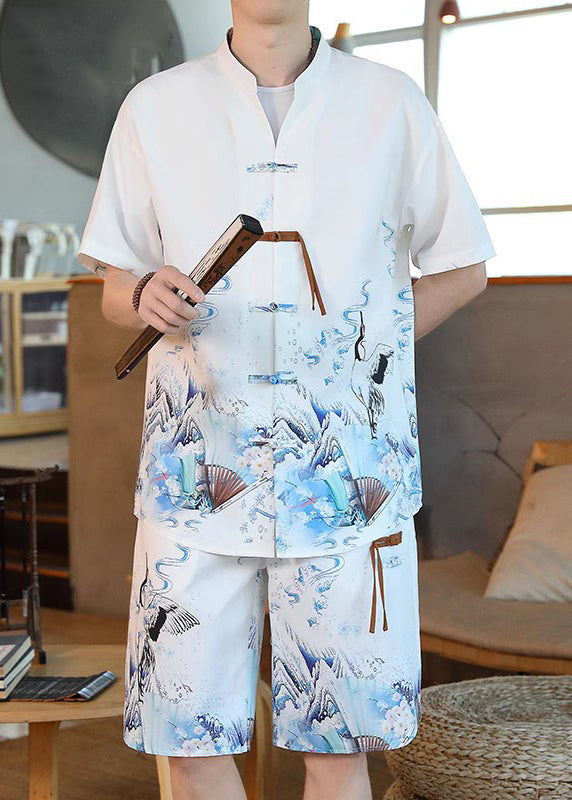White Stand Collar Ice Silk Shirt and Shorts Two Pieces Set Summer