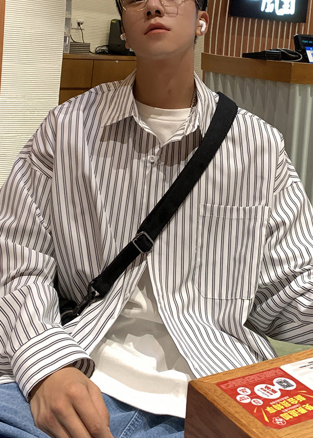 White Striped Pockets Cotton Shirt Peter Pan Collar Spring