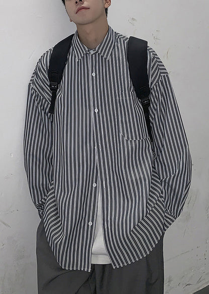White Striped Pockets Cotton Mens Shirt Peter Pan Collar Spring