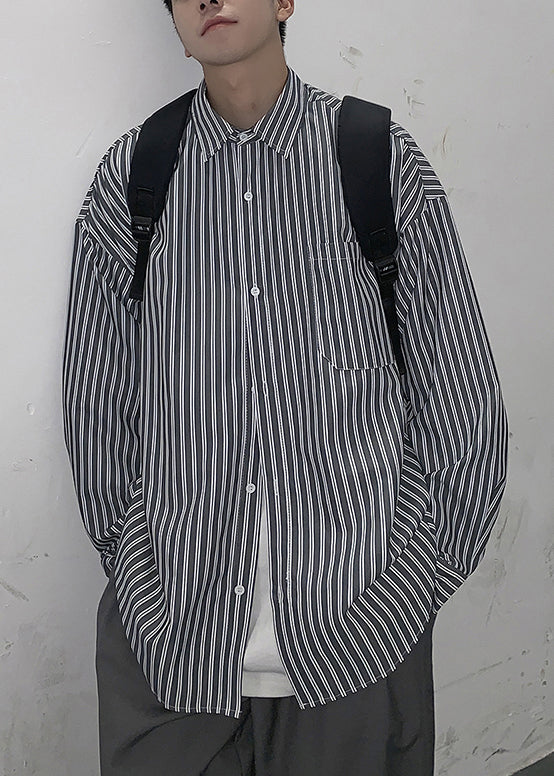 White Striped Pockets Cotton Shirt Peter Pan Collar Spring