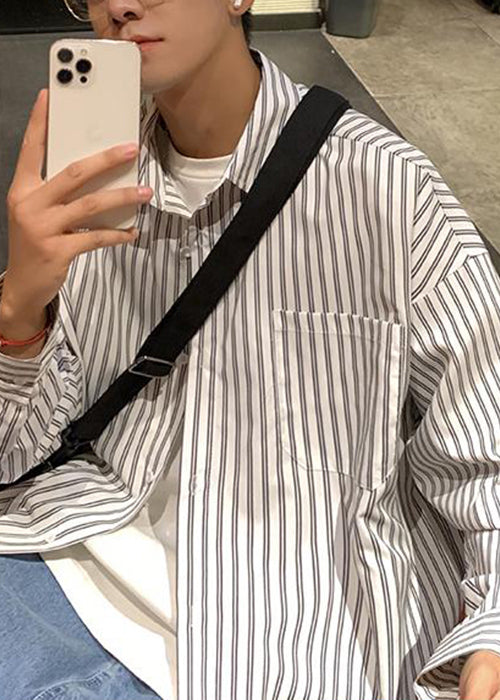 White Striped Pockets Cotton Mens Shirt Peter Pan Collar Spring