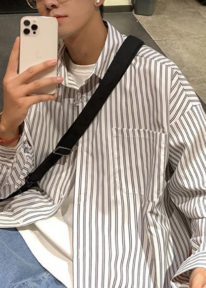 White Striped Pockets Cotton Mens Shirt Peter Pan Collar Spring
