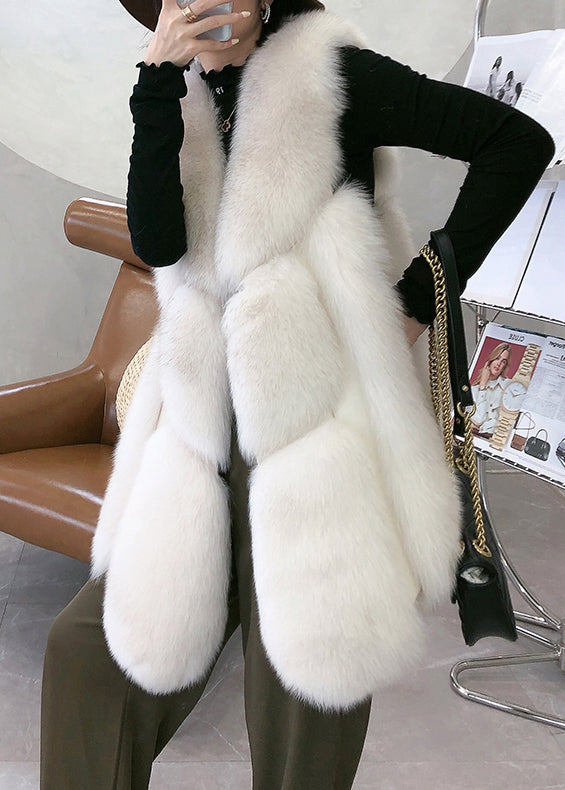 White V Neck Mid Faux Leather Waistcoat Winter