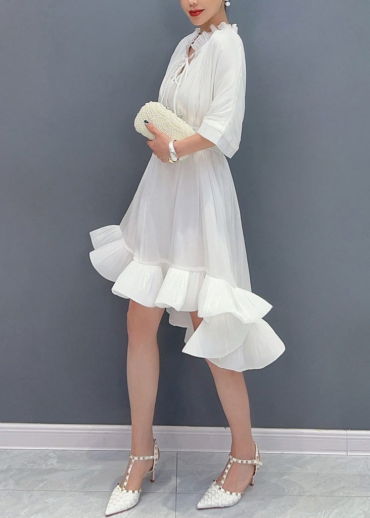 White V Neck Tie Lace Asymmetrical Short Dress