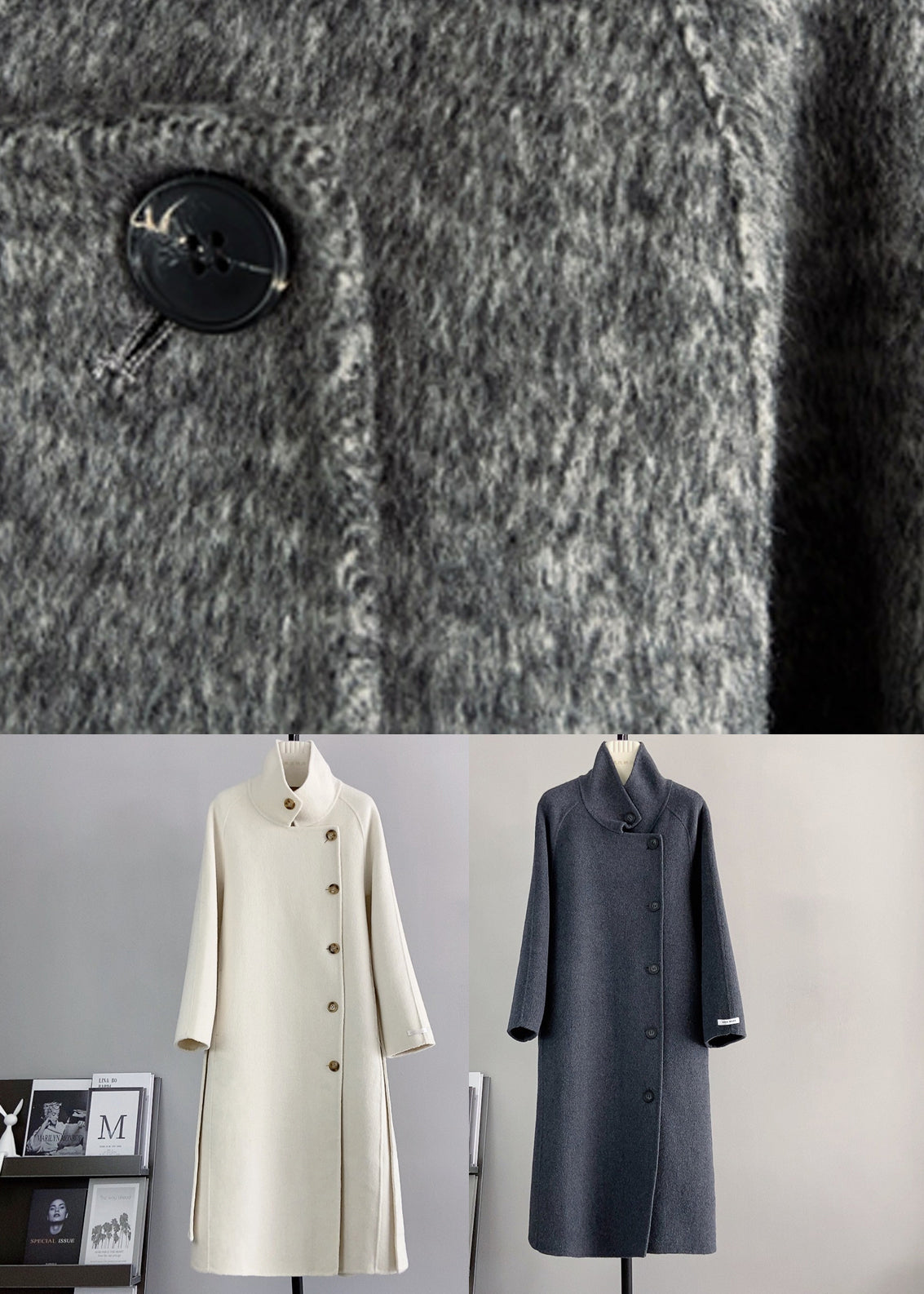 White Woolen Coats Stand Collar Tie Waist Winter