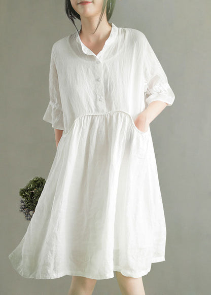 White Wrinkled Button Ramie Mid Dress Half Sleeve