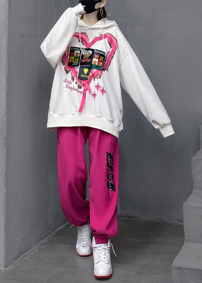 White Wrinkled Cotton Hooded Top and Lantern Pants Two Pieces Set Long Sleeve