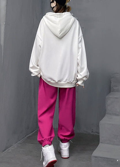 White Wrinkled Cotton Hooded Top and Lantern Pants Two Pieces Set Long Sleeve