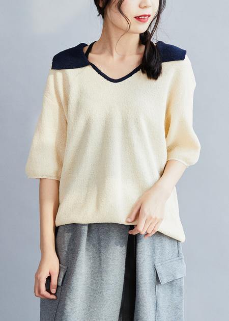 White Cotton Crane Tops Polo Collar Oversized Patchwork Tops