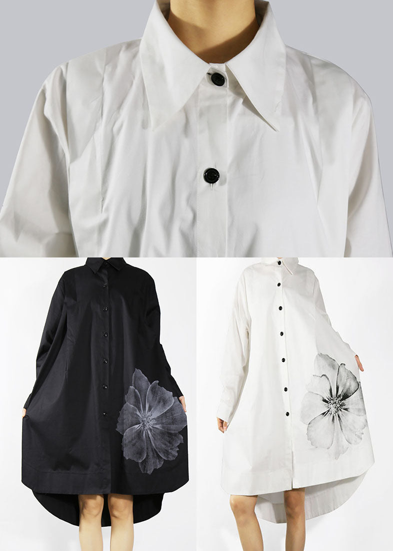 White Loose Shirt Dresses Low High Design Long Sleeve