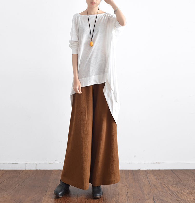 White Low High Cotton Silk Shirts Asymmetrical Blouses Tops Fall