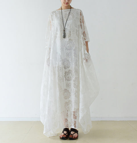 White Roses Chiffon Maxi Dresses Long Tulle Caftans Oversize Gown