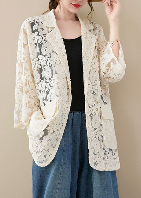 White Vacation Lace Coats Pocket Hollow Out Long Sleeve