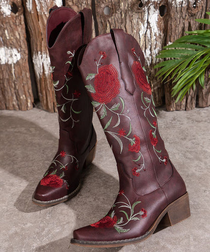 Wine Red Embossed Zippered Faux Leather Chunky Boots
