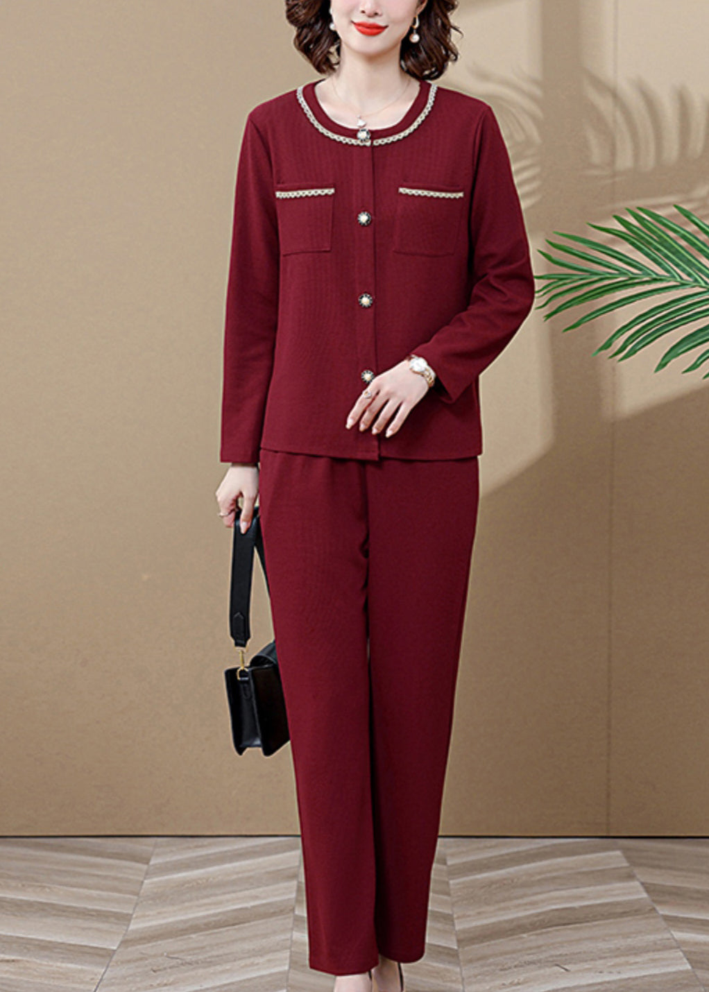 Wine Red O-neck Butto Cardigans and Wide Leg Pants Two Pieces Set Long Sleeve
