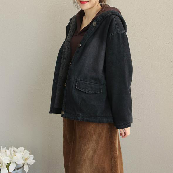 Winter Black Hoodie Short Denim Coat Loose Jacket