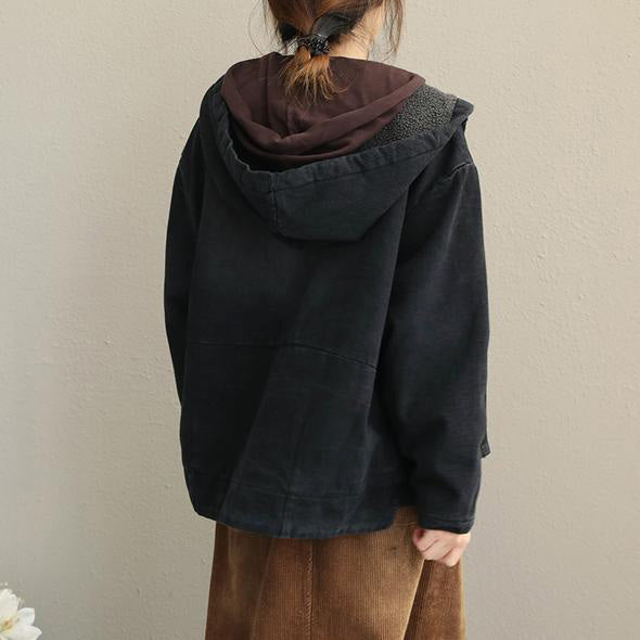 Winter Black Hoodie Short Denim Coat Loose Jacket