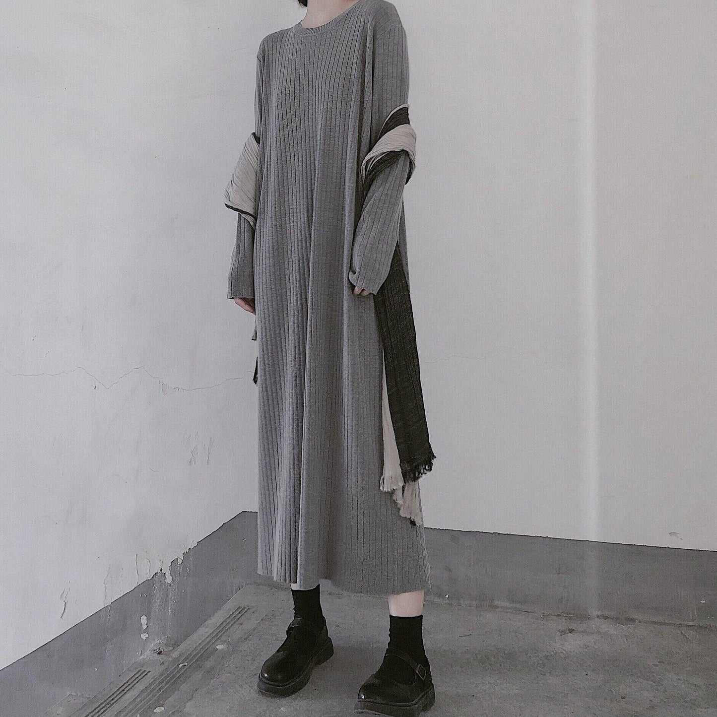 Winter Gray Sweate Outfit Refashion O Neck Long Sleeve Art Knit Dresses